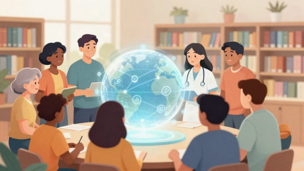 AI Literacy for All course cover: people of all ages gathered around a glowing globe of data