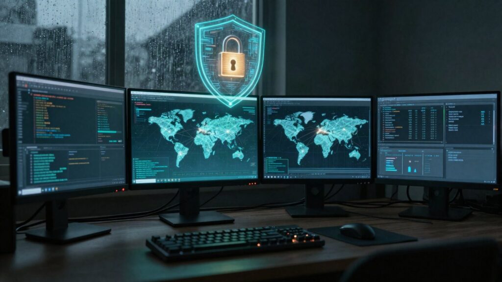 AI-Powered Ethical Hacking course cover: a security workstation with a holographic shield