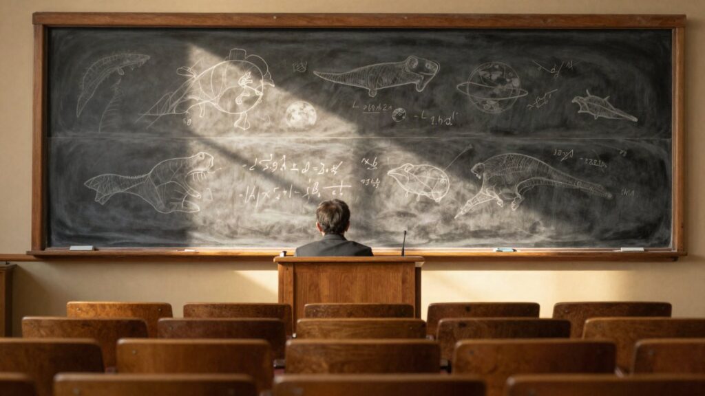 Answering Skeptics course cover: a lecture hall podium before a chalkboard of fossils and planets
