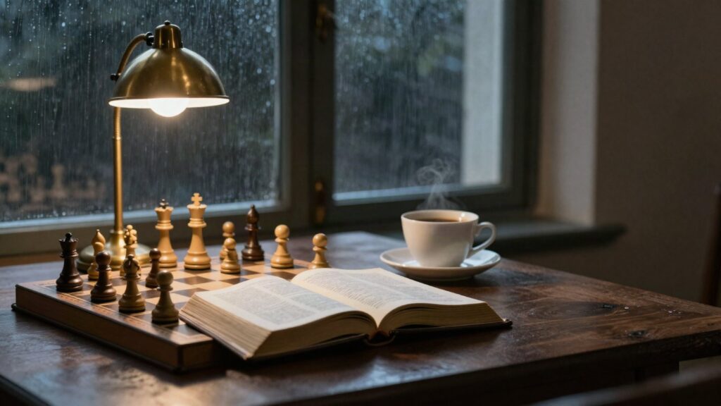 A chess board beside an open Bible under a warm lamp on a rainy night