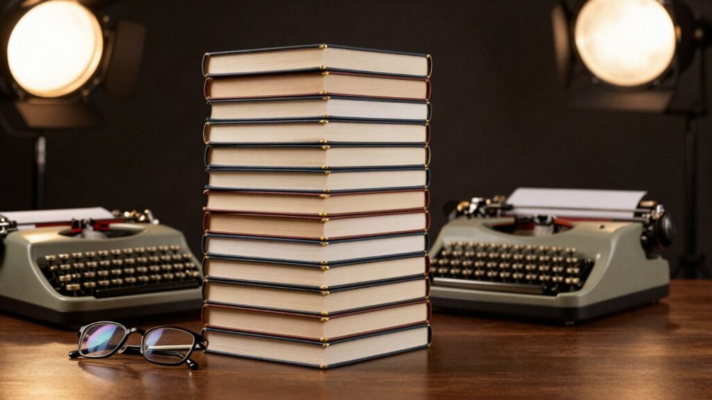 A stack of hardcover books beside a vintage typewriter and a studio microphone