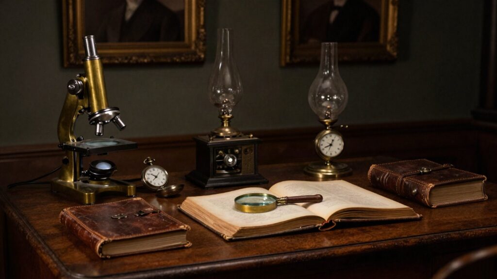 A Victorian study with a brass microscope, journal and magnifying glass