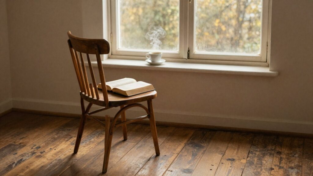 A wooden chair by a sunrise window with an open Bible on the seat
