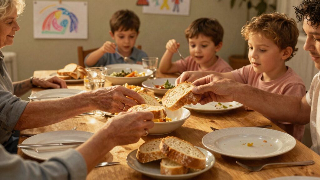 A family dinner table at golden hour seen from above