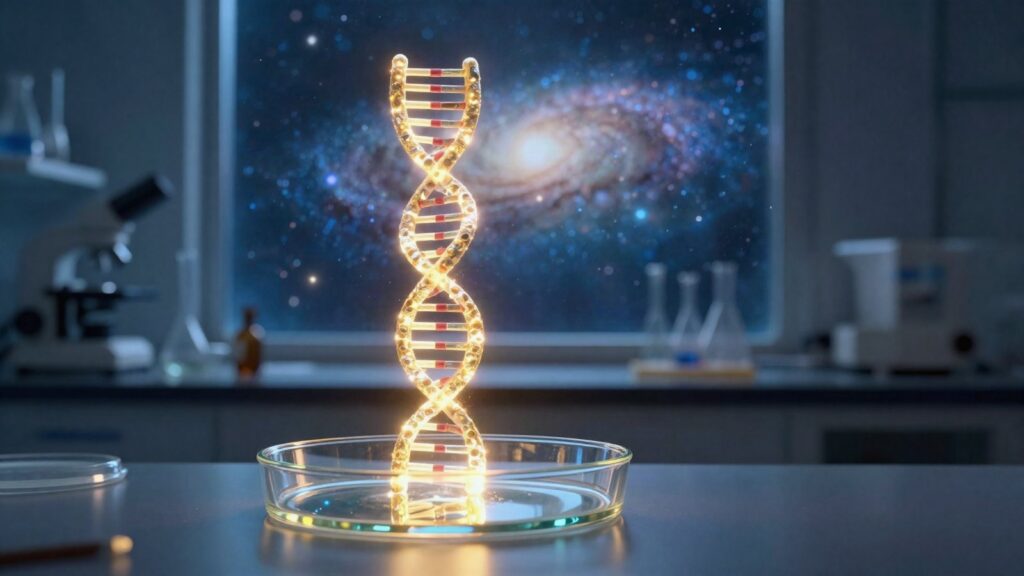 A glowing DNA helix rising from a laboratory dish with a galaxy beyond the window