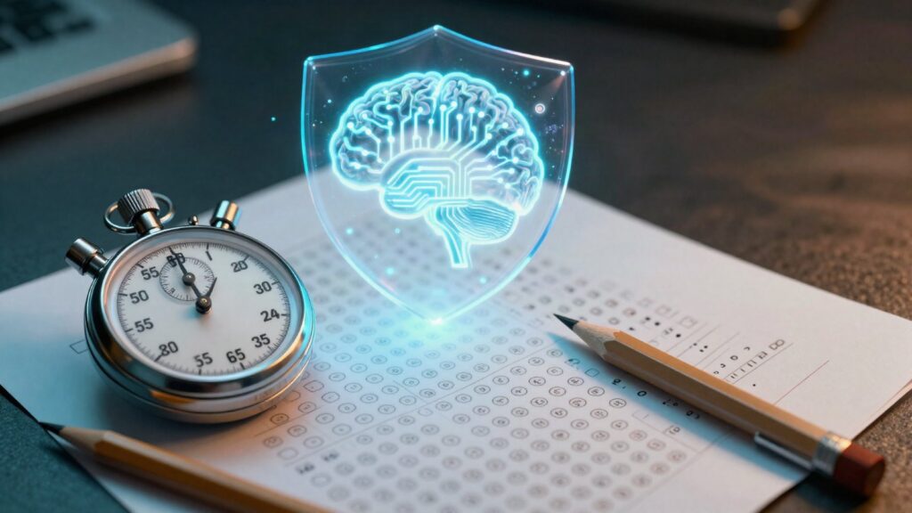 CompTIA SecAI+ Practice Tests Vol. 2 cover: a stopwatch and pencil on an answer sheet with a glowing shield