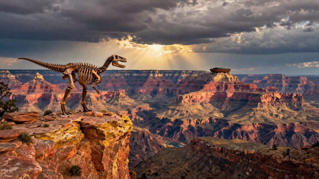 Creation Questions course cover: canyon rock layers with a dinosaur skeleton under a breaking sky