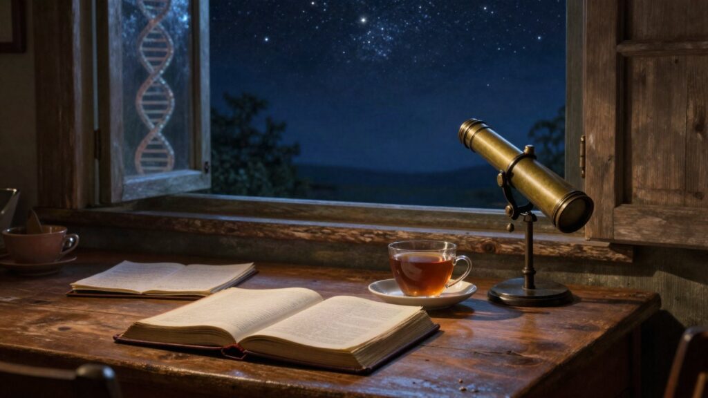 Evidence That Would Not Break course cover: a Bible, notebook and telescope at a starlit window