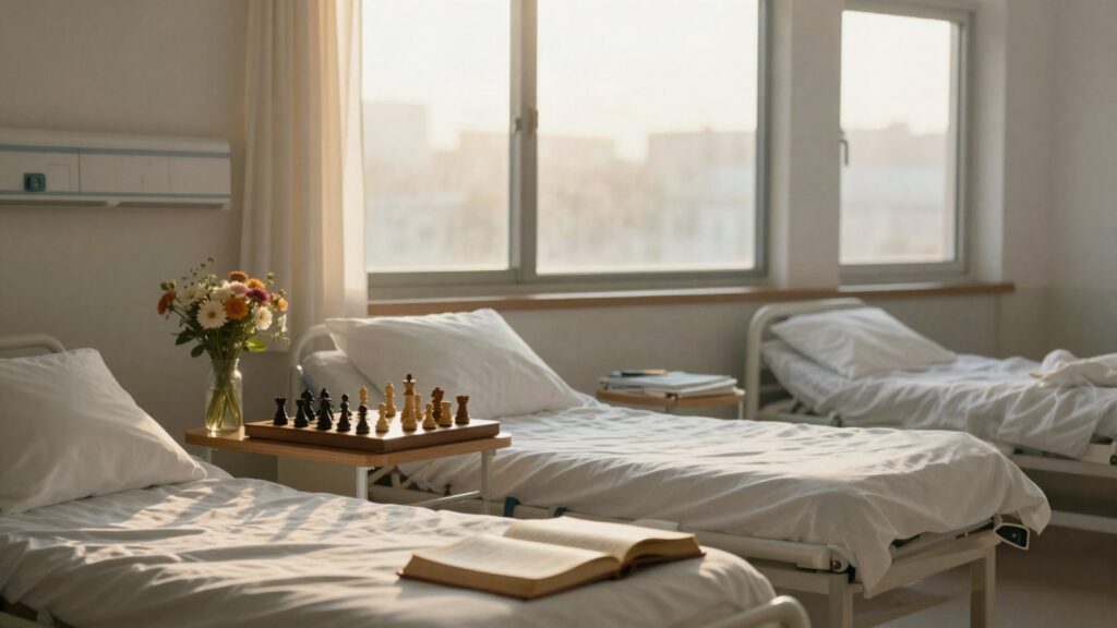 Fiction That Argues course cover: a peaceful hospital ward at dawn with a Bible and a chess game