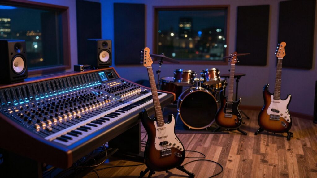 From Lyrics to Master III: Arrangement course cover: a home recording studio at night