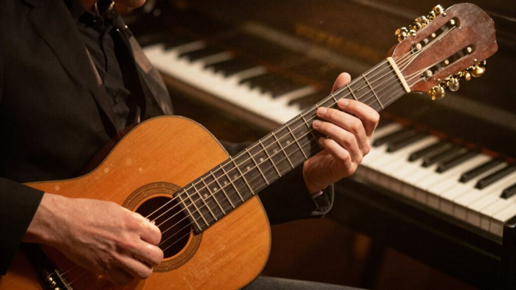 From Lyrics to Master II: Harmony course cover: hands forming a chord on a classical guitar