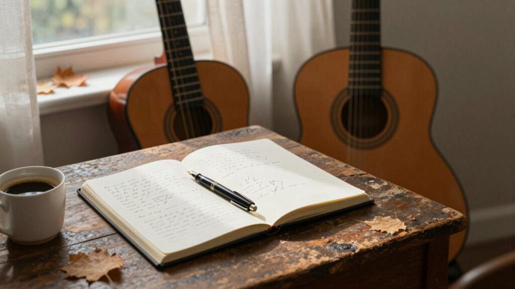 From Lyrics to Master I: Lyrics course cover: a handwritten lyric notebook and nylon-string guitars