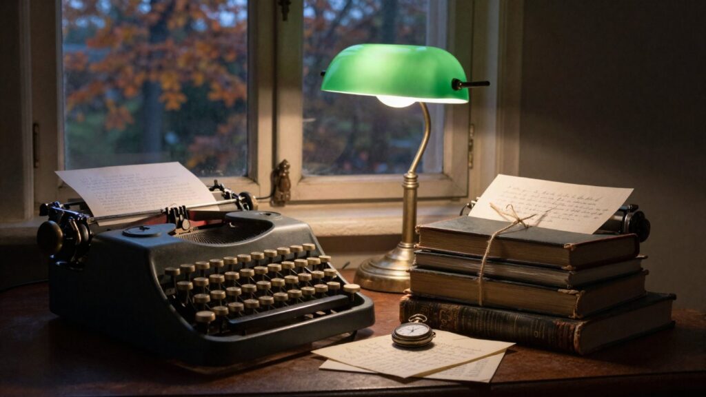 Lyrics, Emotion, and Literary Craft course cover: a typewriter, letters and a green lamp at dusk