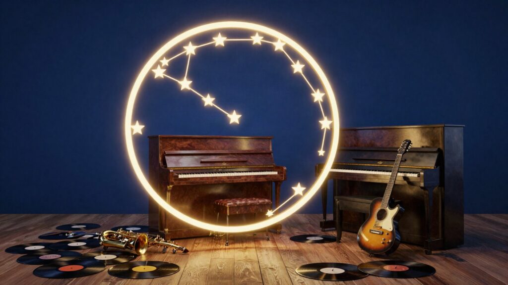 Music Harmony Mastery course cover: a glowing circle of fifths above a piano and guitar