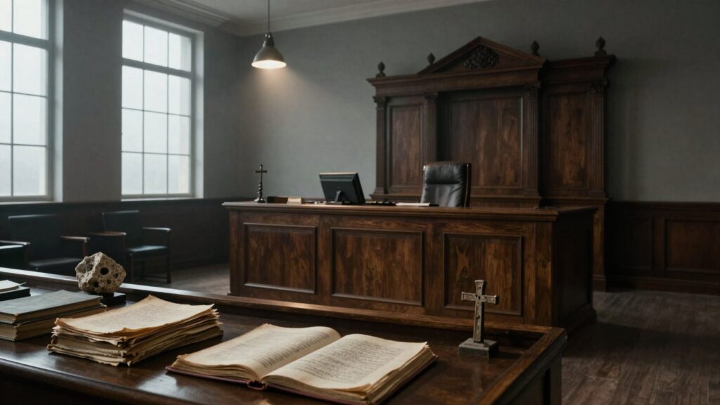 The Cross Examination course cover: an empty witness stand in a courtroom with manuscripts and a cross